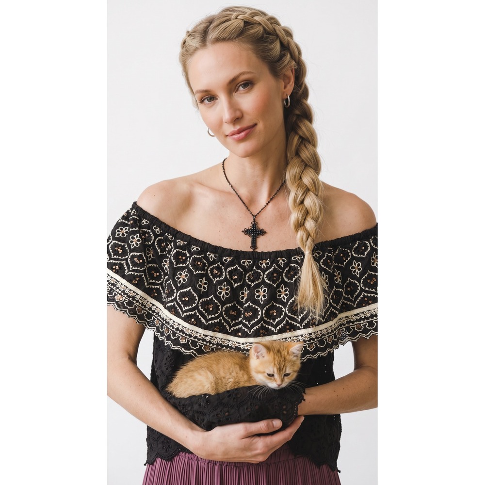 Hemant & Nandita Black Eyelet Embroidered Off Shoulder Ruffle Top Size M Peasant